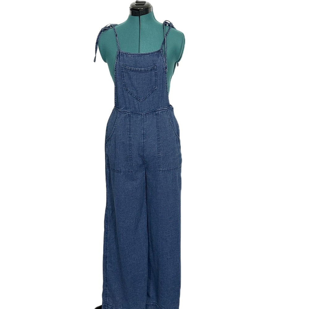Anthropologie Denim Overalls Tie Straps Wide Leg Small Blue Boho OB1760631